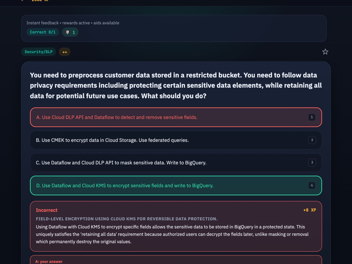 An answered question showing the explanation and per-option rationales